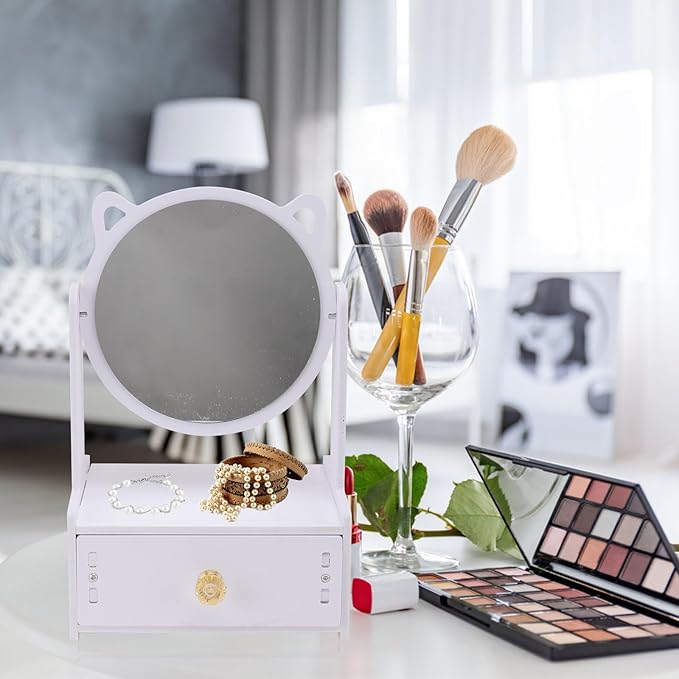 Desktop Cosmetic Mirror with Storage Drawer, Large Round Rotating Makeup Mirror for, Portable Vanity Organizer Box for Home and Bedroom Use