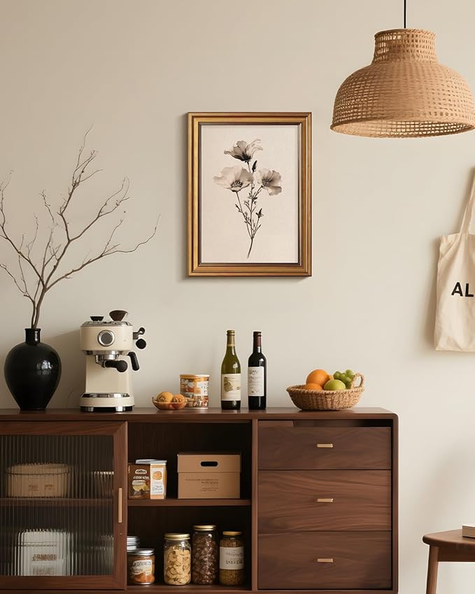 Bzstyleart Vintage Wall Art Decor for Living Room, Canvas Framed Flower Wall Art, Sketch Poppy Flower Picture Painting, Vintage Room Decor Aesthetic for Bedroom Kitchen, California, 12L x 16W