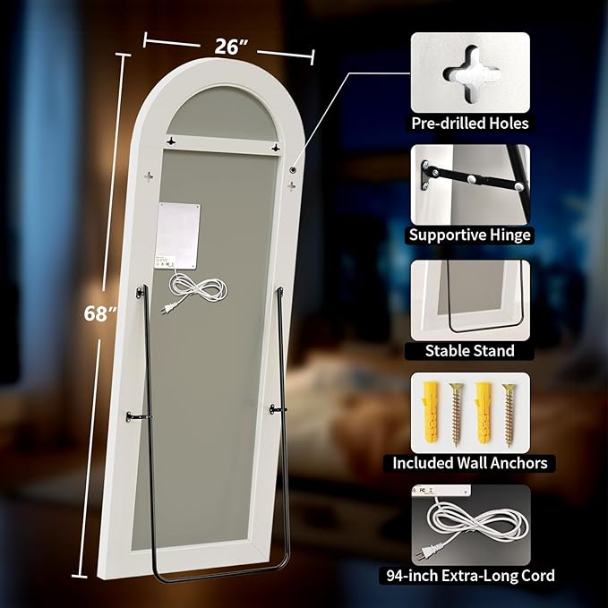 Full Length Mirror with LED Lights, LED Mirrors Full Length Floor Mirror Full Body Mirror for Bedroom Wall Mounted Free Standing (Arched, 68" L×26" W)
