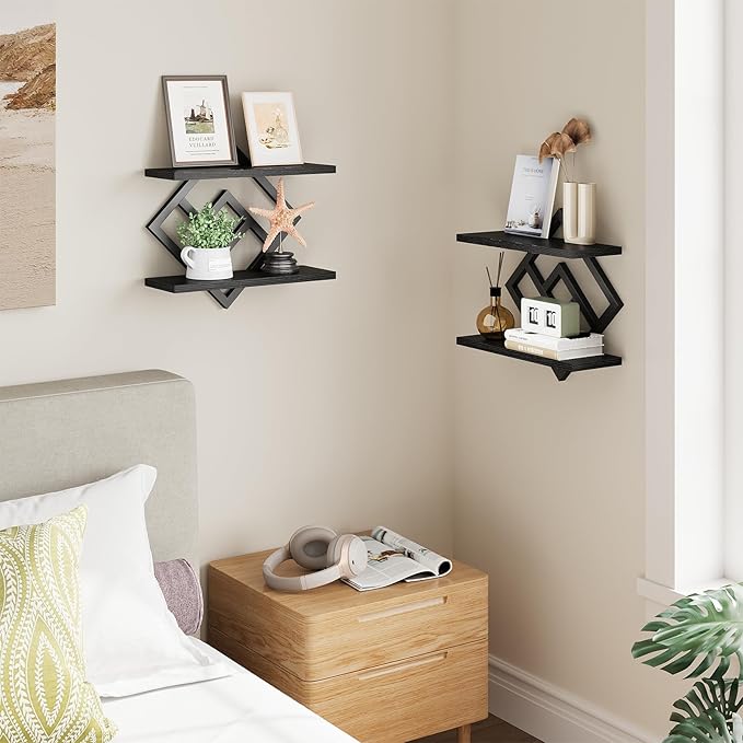 ELYKEN Floating Shelves for Wall, Set of 2 Hanging Shelves, 2-Tier Wall Mounted Storage Shelves for Books & Decor, Perfect for Living Room, Bedroom, Kitchen, Home Office, Study, Black