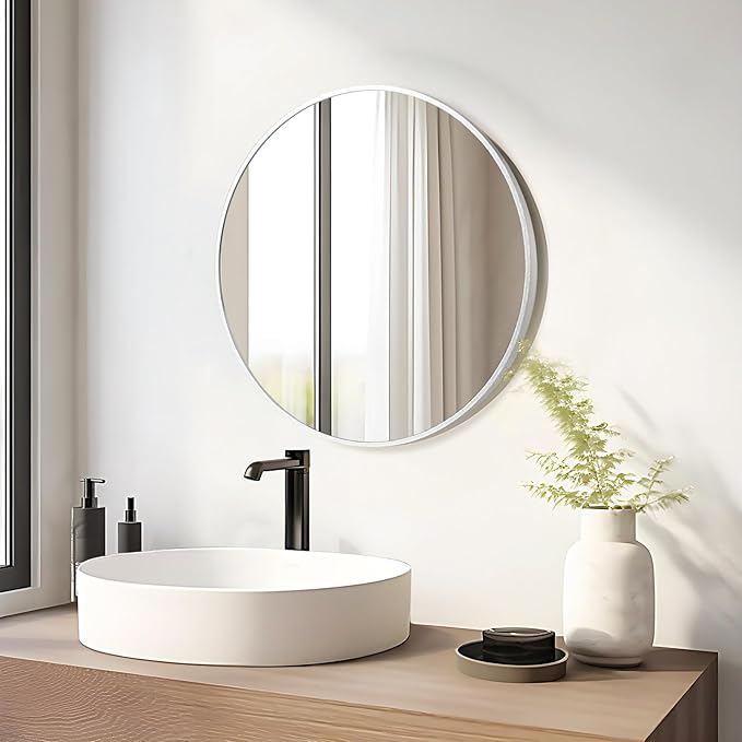 Fabuday Silver Round Mirror for Wall 26 inch - Circle Mirror for Bathroom, Entryway, Living Room, Hallway, Vanity Decor, Big Metal Frame Mirrors