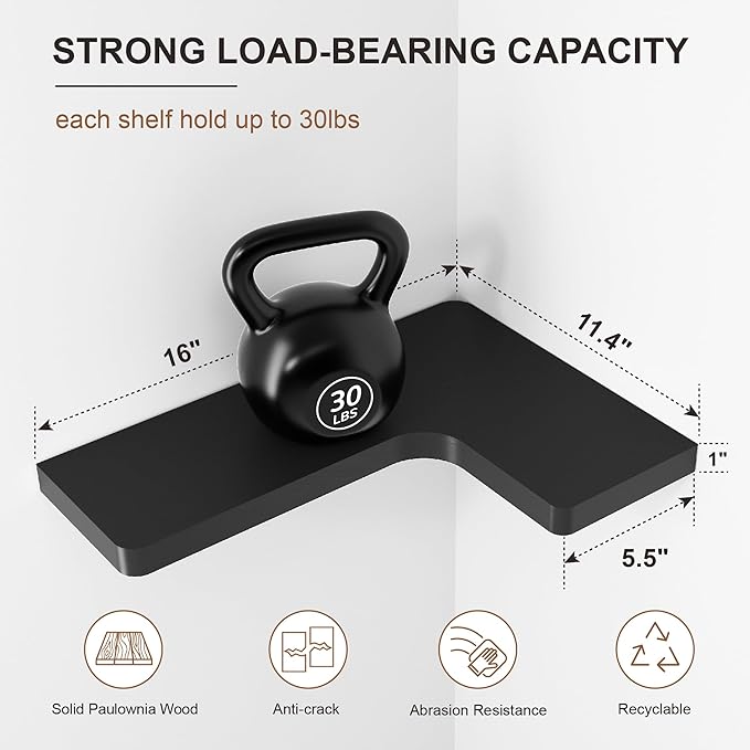 fuqing Corner Floating Shelves for Storage, Set of 3, Solid Wood, Wall Mount Wooden Display Shelf for Bathroom Bedroom Kitchen Garage, Black