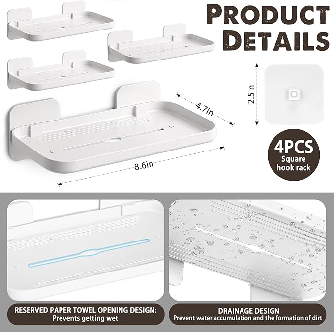 4 Pack Floating Shelves for Wall, Self Adhesive Small Shelf, No Drill Adhesive Wall Shelf, Floating Shelves Damage-Free Expand Walls Space for Living Room Kitchen Bathroom (White)