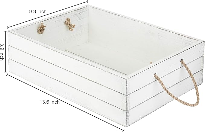 MyGift Vintage White Wood Decorative Storage Organizer Bin with Rope Handles, Open Top Small Crate Box for Bathroom Accessories, Books, Crafts, Fruits