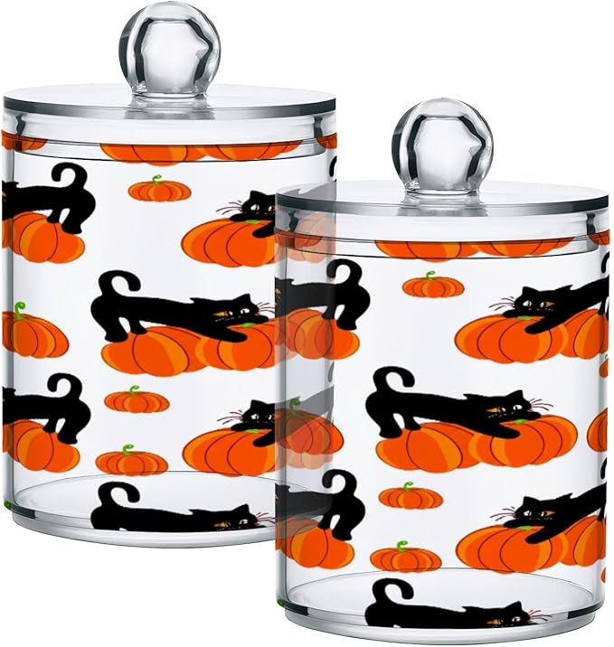 Nander 4Pack Halloween Pumpkin and Black Cat Qtip Holder Dispenser -Clear Plastic Apothecary Jars Set - Restroom Bathroom Makeup Organizers Containers for Cotton Swab, Ball, Pads, Floss