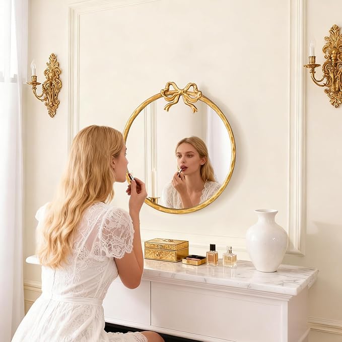 12 Inch Round Gold Mirror, Vintage Gold Mirror, Round Mirrors for Wall Decor, Antique Ornate Metal Circle Mirror with Baroque Bow for Bathroom Vanity Bedroom, Spring Women's Gift