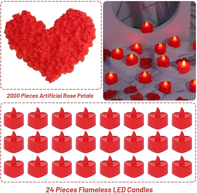 Cridoz Rose Petals for Romantic Night - Artificial Red Rose Petals with LED Candles for Decoration, Wedding, Valentine's Day