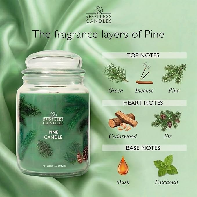 Pine Candle 22oz - Large Forest Aromatherapy Soy Blend Candle with Crackling Wooden Wick, 85 Hour Burn - Luxury Gift Box for Home Decor & Relaxation by Spotless Leopard