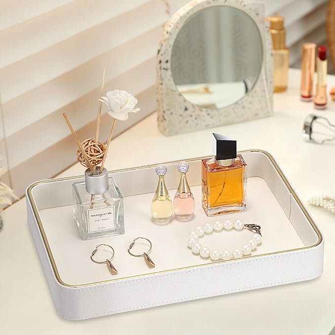 Hipiwe PU Leather Jewelry Tray Bedside Organizer Holder Perfume Vanity Tray for Jewelry Earrings Trinket Dish Skincare Organizing Tray, 11.3" x 8.3" x 1.5"