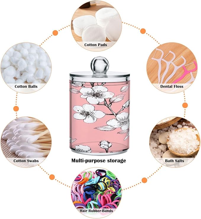 Nander 2Pack Beautiful Cherry Blossoms Qtip Holder Dispenser -Clear Plastic Apothecary Jars Set - Restroom Bathroom Makeup Organizers Containers for Cotton Swab, Ball, Pads, Floss