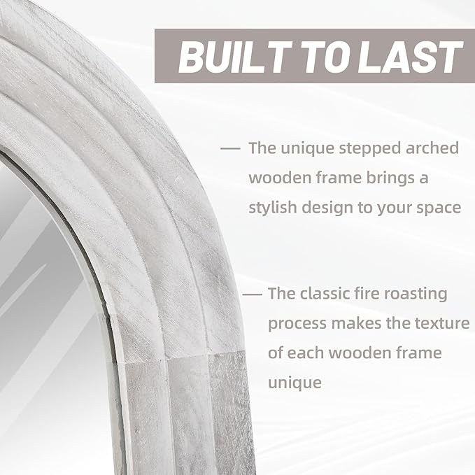 ZHUNFA Arched Full Length Mirror with Solid Wood Frame, 65x22 Farmhouse Wall Mirror Full Length with Stand, Vertical Hanging, Leaning Standing for Bedroom, Living Room, Rustic White