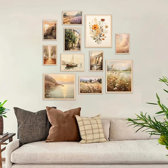 KBKBART 11pcs Vintage Wall Art Prints, Neutral French Country Decor, Vintage Landscape Canvas Paintings, Italian Countryside Autumn Wildflower Decor Poster Pictures for Bedroom-UNFRAMED