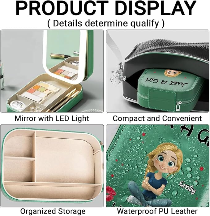 Wrappiness Women & Girls Floral Makeup Box With LED Mirror - Personalized Birthmonth Flower Travel Jewelry Organizer Gift for Daughters Sisters on Birthday (A Girl Loves Makeup, Toddler Girls)