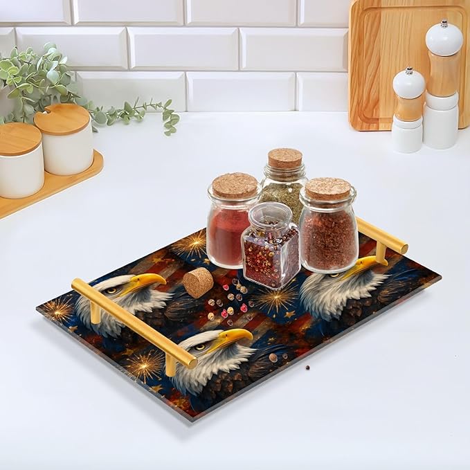 CEBUGI Bird Acrylic Decorative Coffee Table Tray Ottoman Tray with Anti Slip Pad Serving Tray with Gold Handles for Bathroom Living Room,7.87 x 11.81in