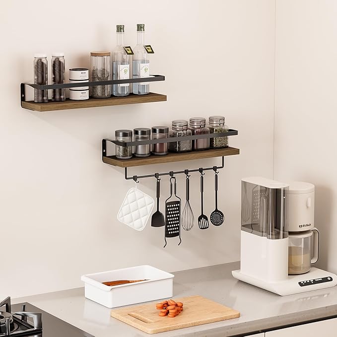 Bathroom Shelves with Towel Bar,Floating Shelves for Bathroom, Kitchen, Bedroom, Paulownia Wood, Matte Black Metal Frame - Set of 2 (Light Brown)