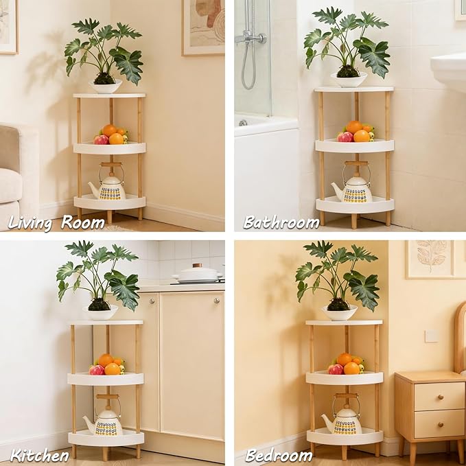3-Tier Bamboo Corner Shelf - No Screws, Twist & Lock Assembly in 5 Mins, 5-Layer Lacquer Finish, Sturdy & Anti-Tip Design for Kitchen, Bathroom, Living Room, Easy to Clean