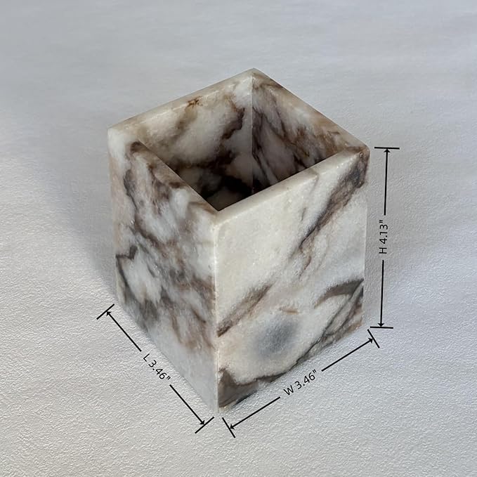Natural Marble Stone Square Storage Container Empty Vessel Holder Cup for Candle/Pens/Sundries items (White Elephant Marble)
