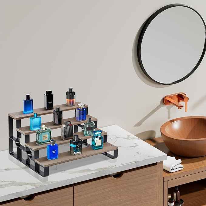 4 Tier Cologne Organizer for Men, Wooden Perfume Organizer Stand, Waterproof Display Shelf Rack for Dresser, Vanity, Figures, Cupcake, Dessert Table(Walnut,Width=11.2")