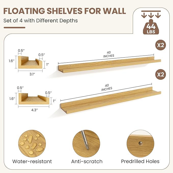 Fun Memories Picture Ledge Shelf, Floating Shelves Set of 4, 40 Inch Picture Shelves for Wall with Ledge, Large Nursery Book Shelf for Toys Storage, Living Room, Bedroom Decor Frames, Oak