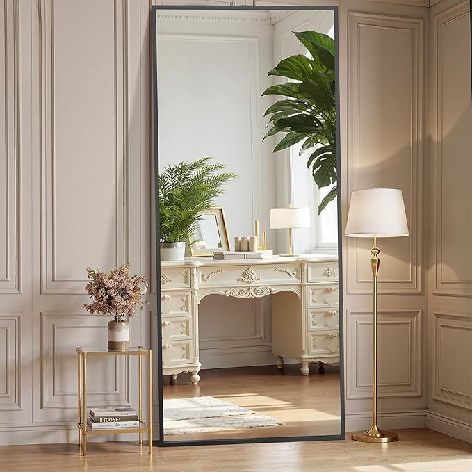 OLIXIS 64"x 21.5" Mirror Full Length, Full Body Mirror with Stand, Hanging or Leaning for Wall, Floor Standing with Shatter-Proof Glass for Bedroom, Living Room, Long, Black