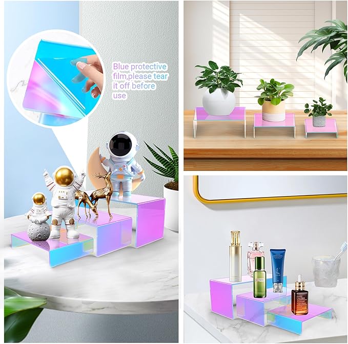 12 PCs Iridscent Risers Display Stands 3 Tiers Desktop Acrylic Shelves Small Cake Dessert Holder Products Stand for Collectibles Shoes Jewels Pop Figure (Iridescent2)