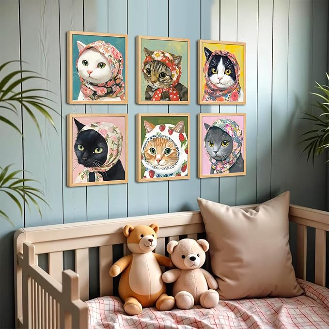 Funny Cat Poster Set of 6, Whimsical Babushka Cats Wall Art Eclectic Lover Cat Pictures Decor, Quirky Animal Pictures Canvas Painting Prints Aesthetic for Bedroom Living Room 8x10 inch Unframed