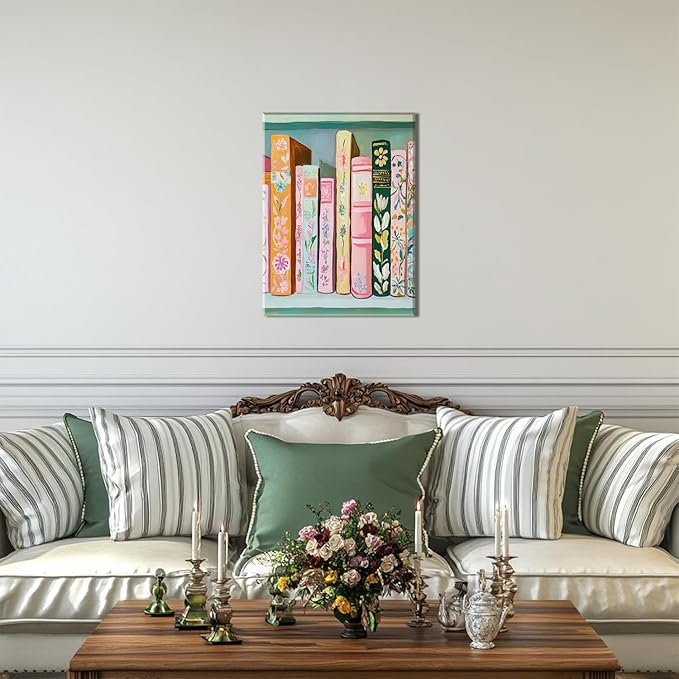 Book Wall Art Vintage Flower Books Canvas Wall Decor Pastel Bookshelf Artwork Painting Pictures Colorful Book Stack Posters Prints for Living Room Bedroom Reading Nook 16x24 Inch Framed