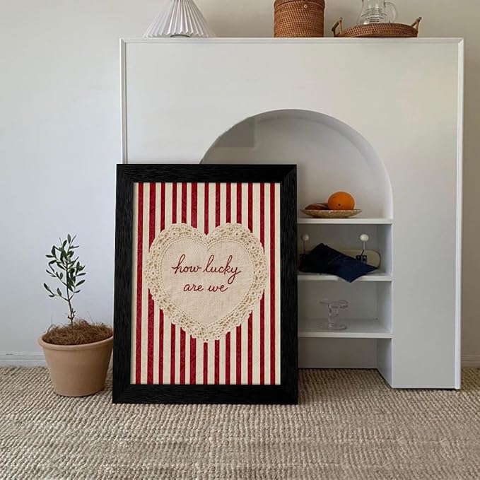 How Lucky Are We Wall Art 08x10 inch Black Framed Red Stripe Affirmation Quotes Poster Coquette Love Lace Heart Canvas Print Fashion Preppy Aesthetic Wall Decor Valentines Day Couple Gift