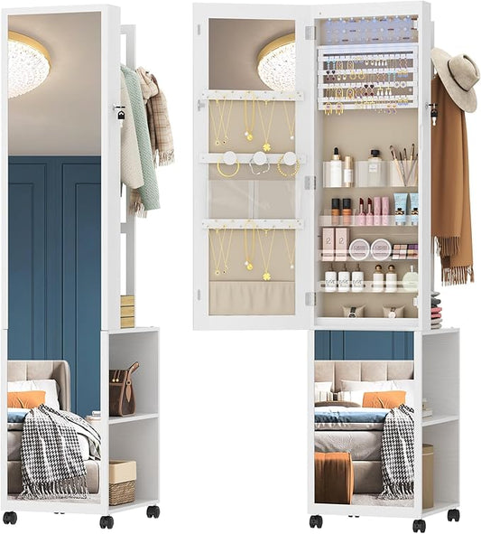 Hzuaneri 8 LEDs Jewelry Cabinet Armoire, 66.9-inch Jewelry Organizer with Garment Rack, Lockable Full-length Mirror with 4 Wheels, Storage Shelves with Hooks, 5-in-1, White and Beige JC17003BE