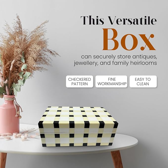 Perilla Home Home Decor Decorative Storage Wooden Box Small Ikigai Organizer Stash Craft Trinket Memory Keepsake Jewelry Box, for Men and Women, Gifts For All Black Light Yellow and off white (Cato)