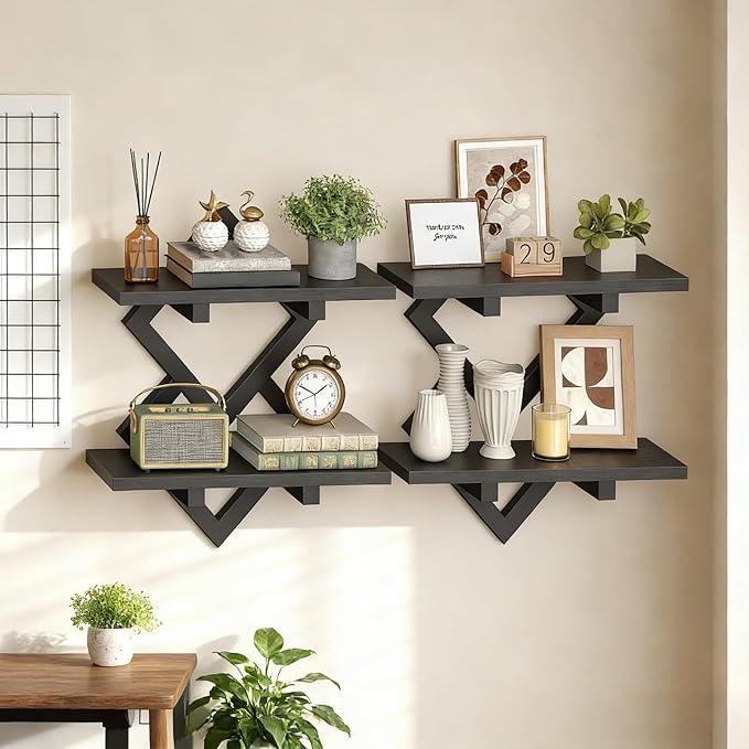 HOOBRO 15" Floating Shelves for Wall, Set of 2 Wall Shelf, 2-Tier Hanging Shelves, Wall Mounted Storage Shelf, Display Rack, for Living Room Bedroom Kitchen Bathroom, Black BB14BJP201