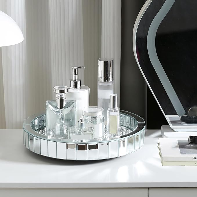 12” Rotating Perfume Organizer Tray,Mirror Glass Vanity Tray for Bedroom Dresser,Makeup Skincare Organizer for Bathroom,Crushed Diamond Home Decor