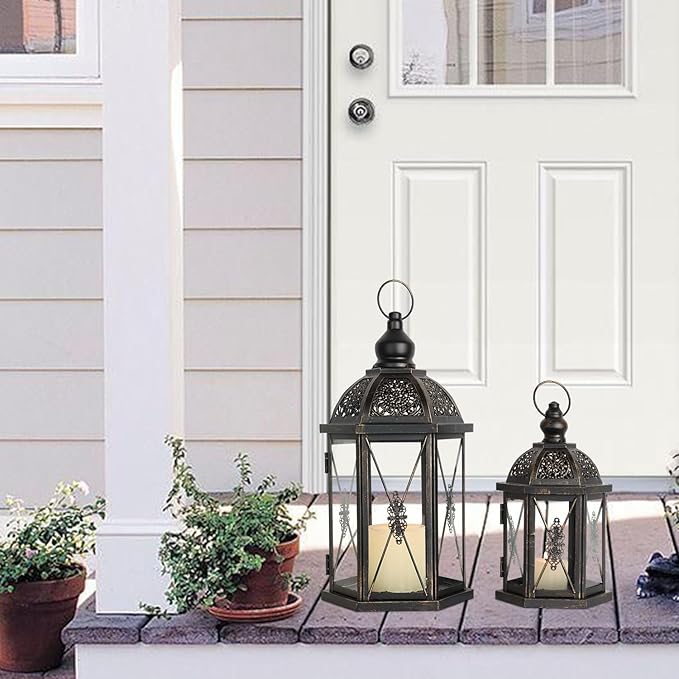 DECORKEY Large Lantern Decorative Outdoor & Indoor, Set of 2 (15’’&10’’) Metal Candle Lanterns Decor, Vintage Hanging Candle Holder for Front Porch Patio Wedding Farmhouse Home, Spring Decoration