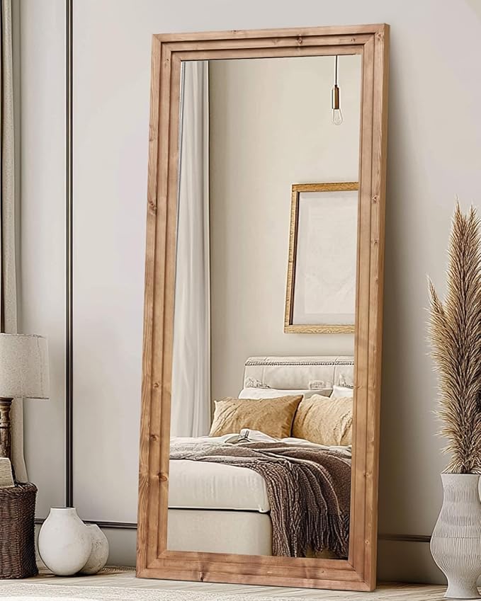 Full Length Mirror 71"x30" Solid Wood Frame Floor Large Mirror for Living Room, Bedroom Hanging or Leaning Wall-Mounted, Light Brown