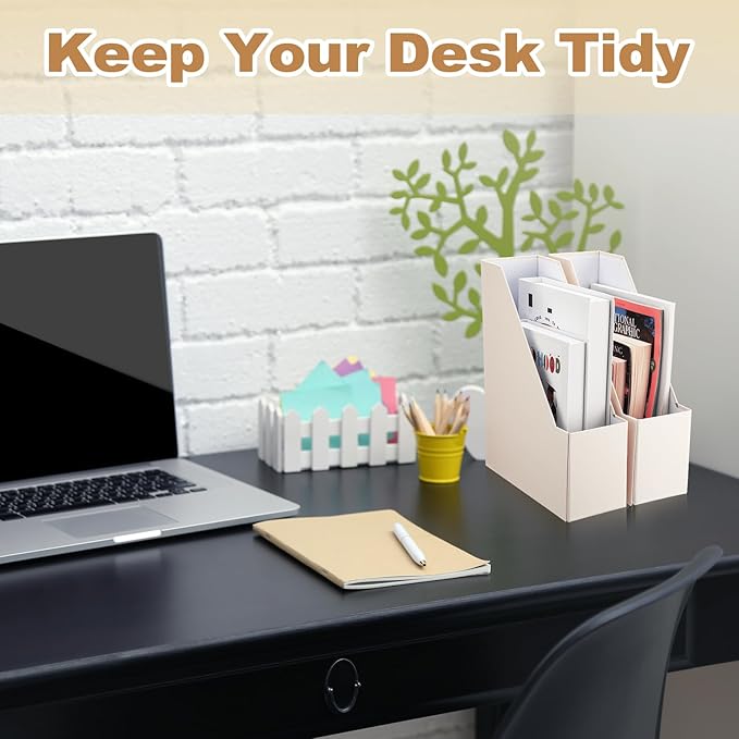Feifeiya Magazine File Holder Set of 6 Stylish Sturdy Cardboard File Boxes Desk Organizer Beautiful Magazine Holder Rack with Gold Label Holder for Home Office Desktop Bookshelf Classroom(Beige)