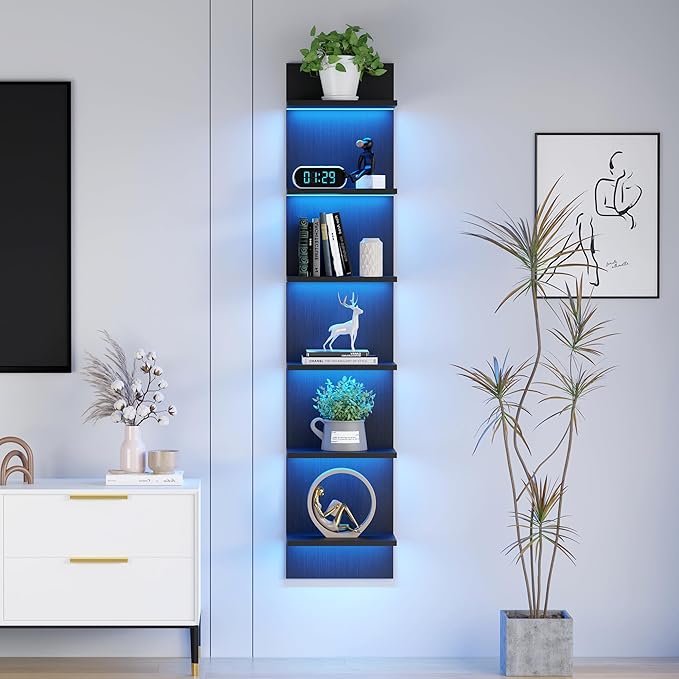 Qupui 6 Tier Wall Shelf Unit with LED Remote Control Light, Floating Storage Home Decor Organizer Shelving for Bedroom Living Room, Black