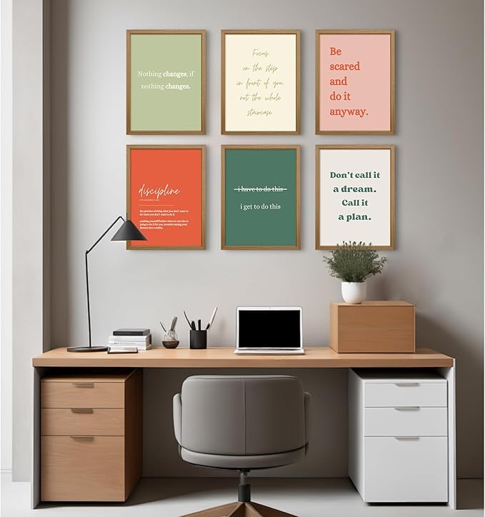 Office Wall Art Motivational Posters Inspirational Quote Canvas Wall Decor Office Positive Pictures Inspirational Classroom Art Motivational Work Prints for Gym Home 12x16 Inch Framed Set of 6