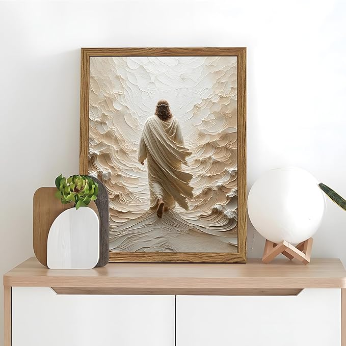 Jesus Walking on Water Wall Art, Frame 3D Textured Hand Drawn Sandstone Christian Wall Decor Paintings, Religious Spiritual Pictures for Living Prayer Room Bedroom 16x24 inch Wood Framed