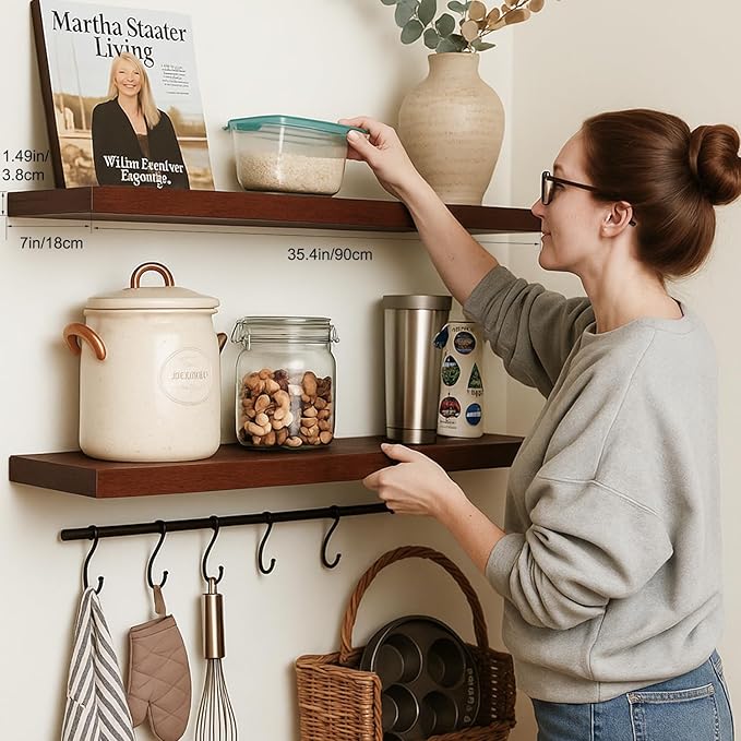 Floating Shelves for Wall, Bathroom Shelves Over Toilet, Wall Shelves & Book Shelf for Room, Hanging Shelf, Modern Wooden Mounted Floating Shelves, 36x7x1.5 in (Walnut-Like, Set of 2)