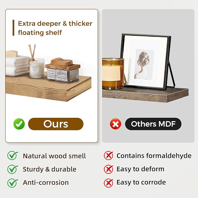 48x6.8x2in Floating Shelf – Natural Oak Solid Wood Rustic Mounted Shelf – Heavy Duty Decorative Storage for Living Room, Kitchen, Bathroom, Bedroom