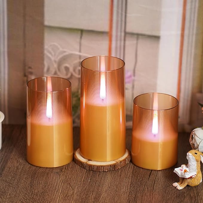 kakoya Flameless Candles Upgraded Realistic Flickering Flame,Battery Operated LED Candles with Remote Timers,Acrylic Electric Candles Set of 3(D 3" xH 4" 5" 6")（Gold）