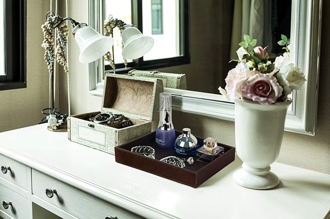 HofferRuffer Decorative Vanity Tray, Desktop Storage Organizer, Catchall Tray, Valet Tray, Nightstand or Dresser Organizer, PU Faux Leather Bathroom Tray, Brown, 10.2 x 8.4 x 1.8 inches (Pack of 2)