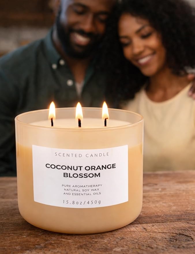 Coconut Orange Blossom 3-Wick Soy Candle | 15.8 oz Large Scented Candle for Home | Clean Burn Long Lasting | Creamy Floral Citrus Scent | Gift Ready