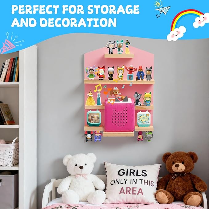 Gieanoo for for TonieBox 2/1 Toniebox Shelf, Magnetic Shelf for Tonies Pine Wooden Floating Wall Shelves Organizer Compatible with Tonie Box Player and Tonie Figures Storage(Pink)