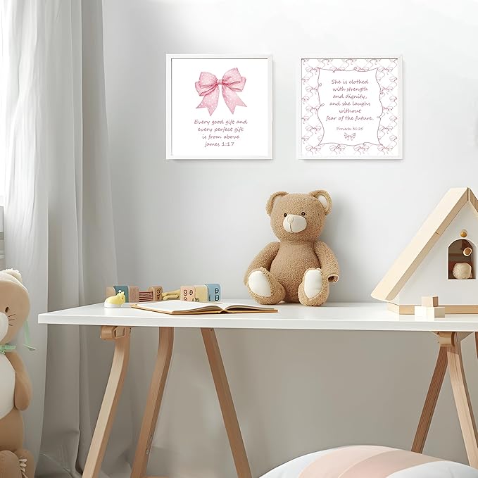 LARTSFRO Coquette Pink Bow Jesus Wall Art Decor Posters, Light Pink Bow Christian Room Bathroom Bedroom Dorm Wall Art Decor Aesthetic for College Teen Girls Gifts, Inspirational Bible Verses Bow Wall Decor, 8x8 Inch Set of 4 Bow Pictures(UNFRAMED)