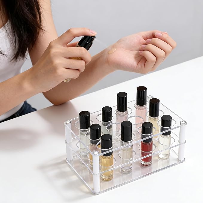 20-Space Rollerball Perfume Organizer, Clear Acrylic Perfume Holder & Display Stand, Lip Gloss Organizer, Beauty Fragrance Storage for Dresser