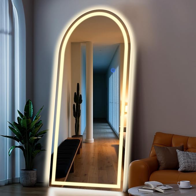 Arch Full Length Standing Mirror with LED Lights, 71"x32" Lighted Mirror with Dimming & 3 Color Lighting, Tall Mirror Full Body for Bedroom, Dressing Room
