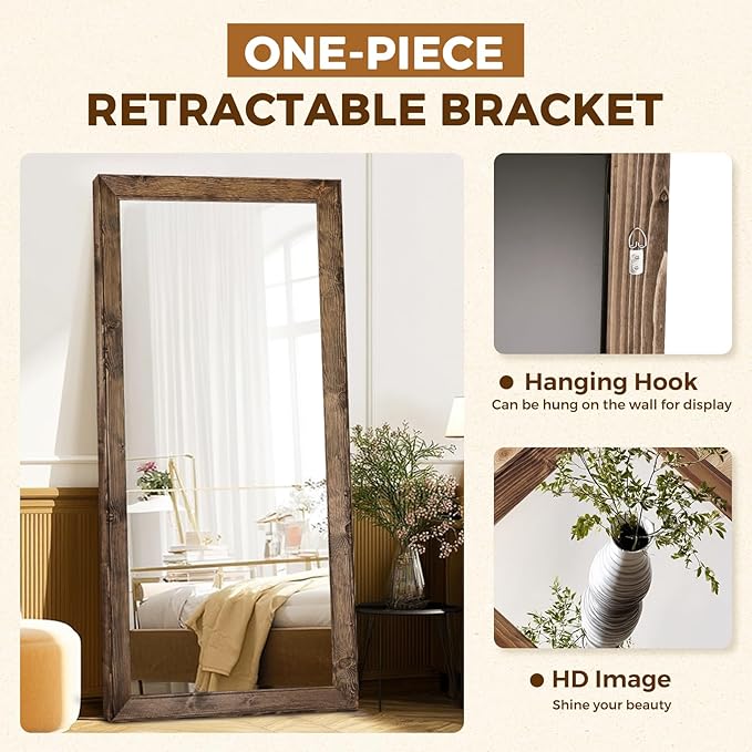 Oversized Brown Full Length Mirror 71"x32" - Solid Wood Beveled Frame Wall Leaning or Hanging Mirror - Rustic Farmhouse Style for Bedroom, Entryway, Living Room