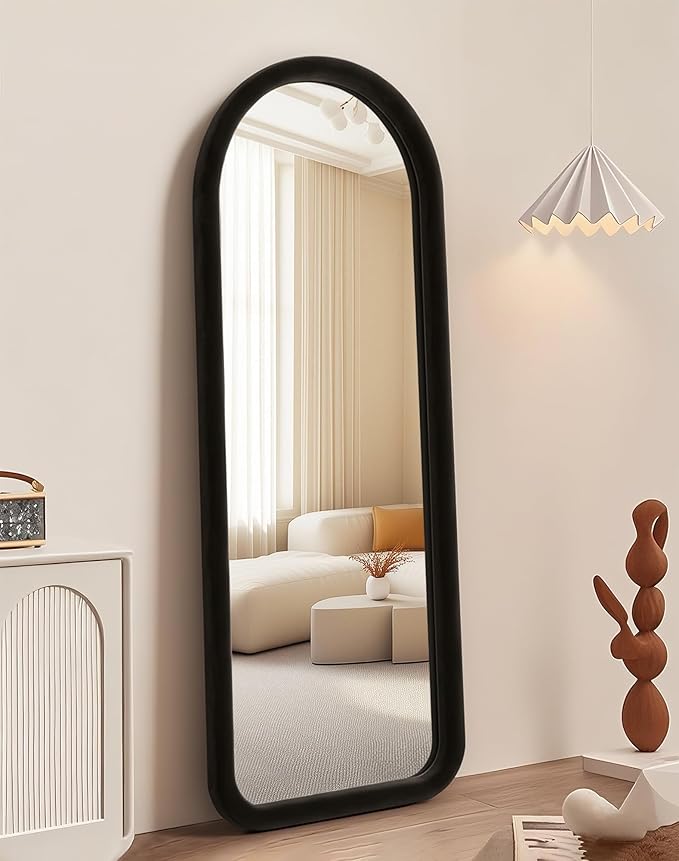 Delma Arched Full Length Mirror, Free Standing Floor Velvet Finish Frame Mirror for Leaning or Hanging, Soft Touch Bedroom & Living Room Decor, Black