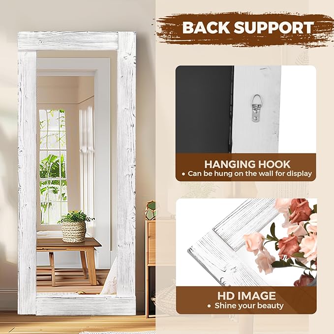 Full Length Mirror 58"x24" – Solid Wood Frame, HD Tempered Glass, Wall Mounted & Leaning, Rustic Modern Decor for Bedroom, Living Room, Entryway, White
